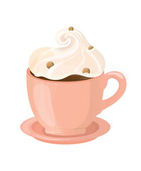 Hot winter drink in a pink mug. Chocolate dessert decorated with thick whipped cream and chocolate dragee.