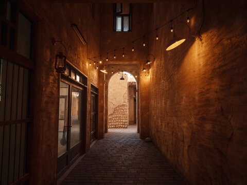Al seef old historical district with traditional Arabic architecture. old buildings and traditional Arabian street.