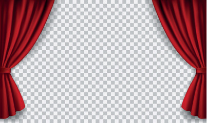 Vector realistic red velvet open curtains isolated on transparent background - obrazy, fototapety, plakaty