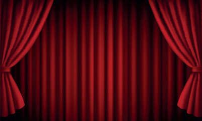Vector realistic theatre stage with open red velvet curtains © Kateina