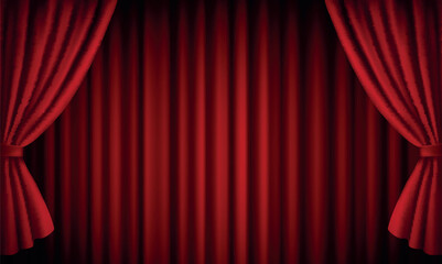 Vector realistic theatre stage with open red velvet curtains