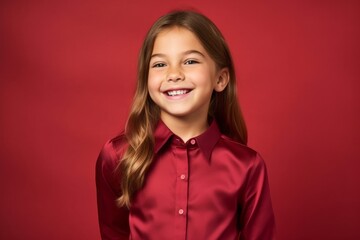 Conceptual portrait photography of a happy kid female wearing a sophisticated blouse against a ruby red background. With generative AI technology