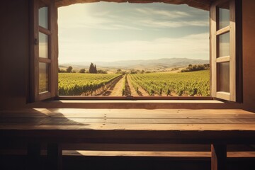Fototapeta premium Empty wooden table, farm, harvest view out of open window