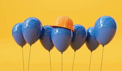Celebration party balloon wearing a yellow construction hard hat. labor day background. 3D Rendering © ink drop