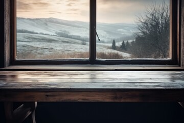 Empty wooden table, farm, harvest view out of open window