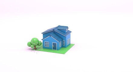 Spring, snow, seasons, house with tree representing spring, passing of the season, flyer for ads, investment, dream house (3d illustration)