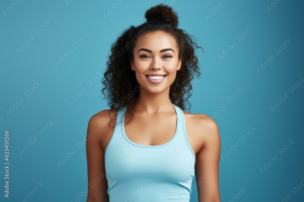 Wall mural Medium shot portrait photography of a glad girl in her 30s wearing a sporty tank top against a sapphire blue background. With generative AI technology