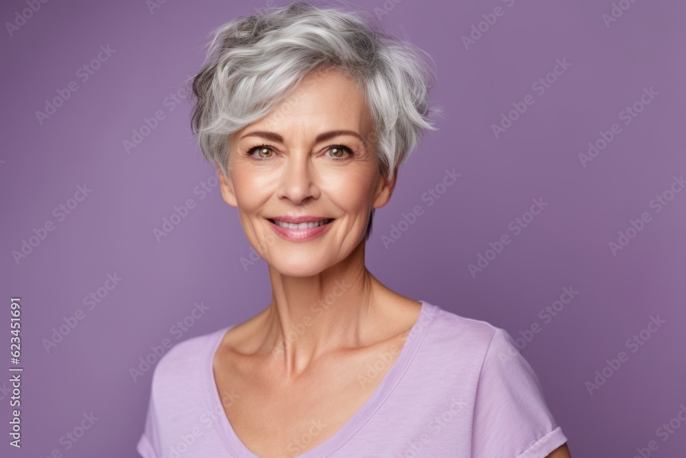 Poster Close-up portrait photography of a tender mature woman wearing a casual short-sleeve shirt against a lilac purple background. With generative AI technology