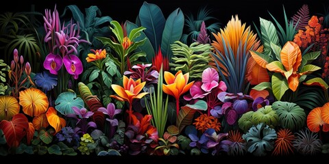 AI Generated. AI Generative. Notanical herbal exotic tropical plants herbs flowers botanical foliage background nature jungle lanfscape. Graphic Art
