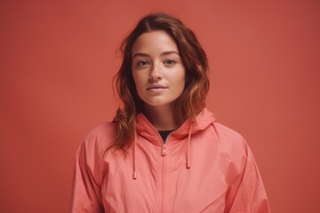Medium shot portrait photography of a tender girl in her 30s wearing a lightweight windbreaker against a coral pink background. With generative AI technology
