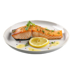 Grilled Salmon with Lemon Butter Sauce isolated on transparent background. Generative AI