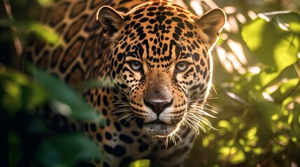 Close up portrait of a leopard in the Amazon forest, Generative AI