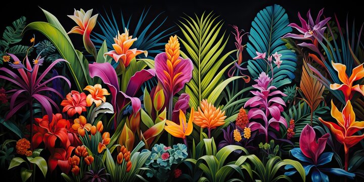 AI Generated. AI Generative. Notanical herbal exotic tropical plants herbs flowers botanical foliage background nature jungle lanfscape. Graphic Art