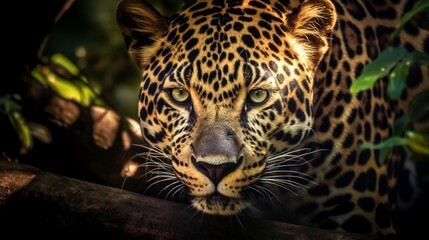 Close up portrait of a leopard in the Amazon forest, Generative AI