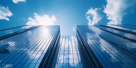 Reflective skyscraper business office buildings. Bottom up view of big modern city urban landscape. generative ai.