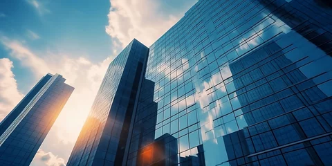 Fotobehang Reflective skyscraper business office buildings. Bottom up view of big modern city urban landscape. AI generative © Diana