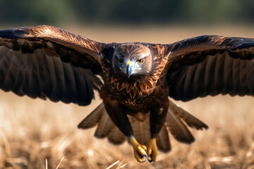 Closeup of a golden eagle flying over a field with its wings wide open. Generative ai