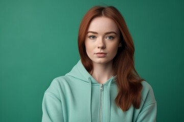 Medium shot portrait photography of a tender girl in her 30s wearing a comfortable tracksuit against a spearmint green background. With generative AI technology