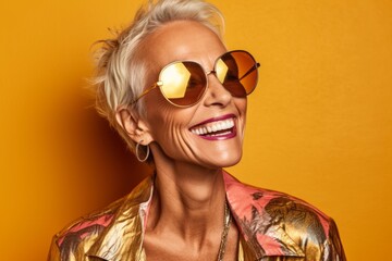 Close-up portrait photography of a grinning mature woman wearing a daring bikini and trendy sunglasses against a gold background. With generative AI technology