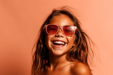 Fototapeta premium Medium shot portrait photography of a grinning kid female wearing a cute swimsuit and trendy sunglasses against a copper brown background. With generative AI technology