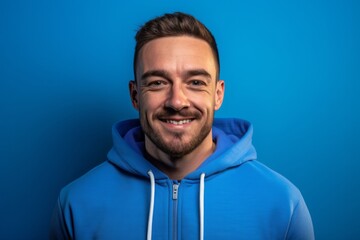 Fototapeta premium Close-up portrait photography of a glad boy in his 30s wearing a comfortable tracksuit against a periwinkle blue background. With generative AI technology