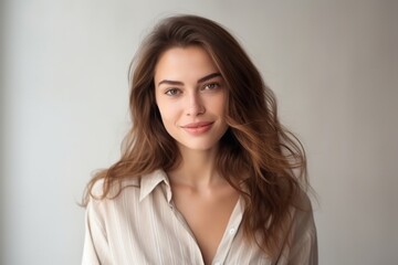 Fototapeta premium Close-up portrait photography of a satisfied girl in her 20s wearing a chic jumpsuit against a minimalist or empty room background. With generative AI technology