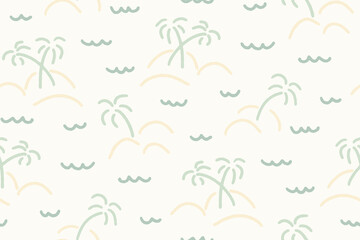 Fototapeta na wymiar Sea life palm islands - Horizontal minimal scribbles of waves forming a sea water pattern in a colour palette of mint blue on off white cream, with mint blue palms and light beige islands. 