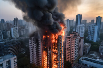 A high-rise residential building is on fire - obrazy, fototapety, plakaty