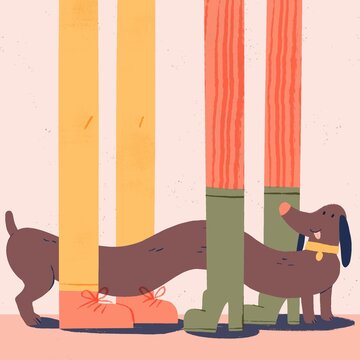 An illustrated dachshund dog between the legs of two people