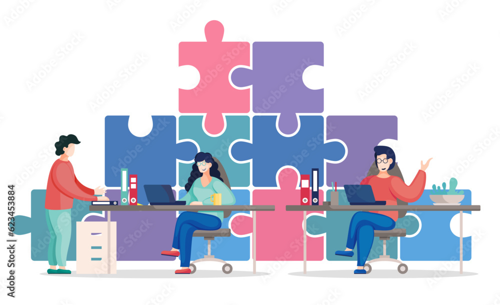 Poster vector flat huge puzzle. team building. people working in office sitting at table, solving problems,