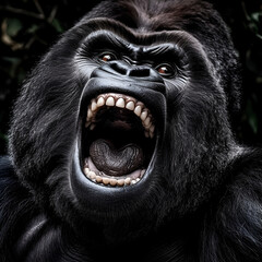 Gorilla laughs merrily, close up.