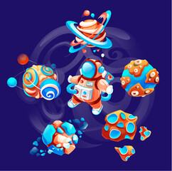 Cartoon space icons at dark cosmos background. Space elements with planets, cosmonaut, asteroid and satellite at galaxy background. Vector illustration of space icons for computer or phone game