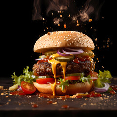 Deliciously crafted burger with vibrant floating ingredients, captured in stunning food photography...