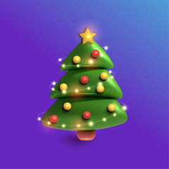Vector 3d christmas tree. Beautiful shining christmas tree with decorations - balls, garlands and a golden star at the top.