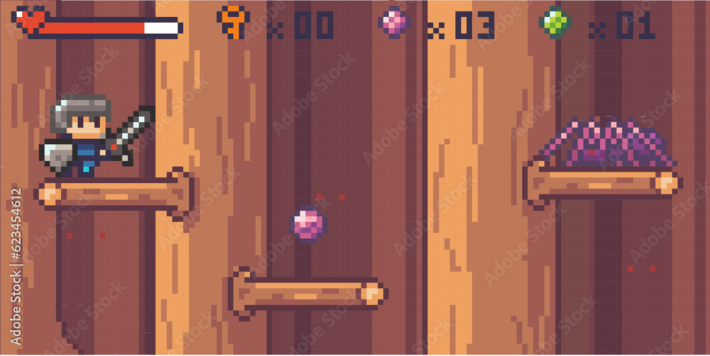 Poster pixel art style, character in game arcade play vector illustration. man with sharp sword fighting ag
