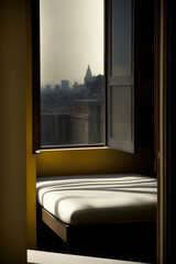 A Bed Sitting Next To A Window With A View Of A City