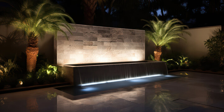 outdoor home modern water feature fountain waterfall as wide banner with copy space area for garden landscape design concepts mockup