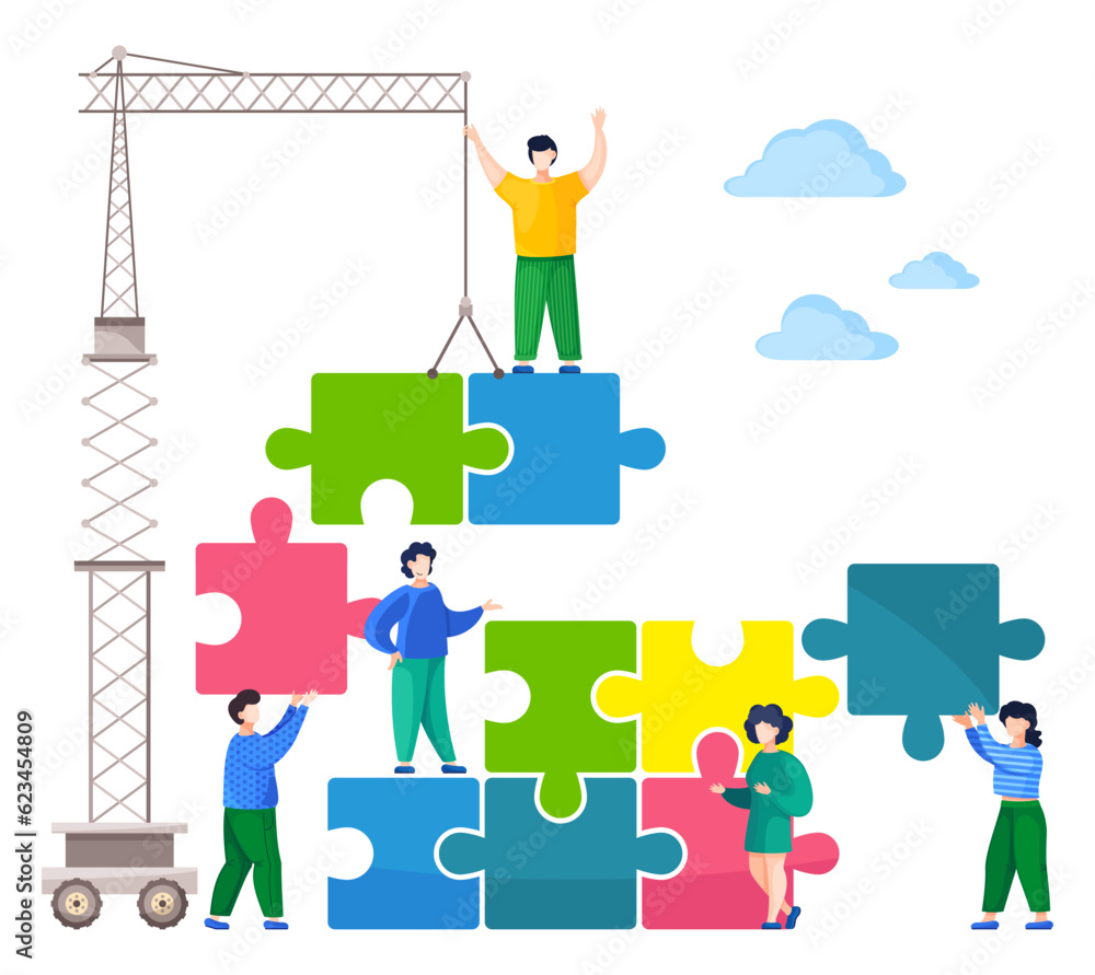 Poster team building concept, joint teamwork in the company. people working together with puzzle blocks. wo
