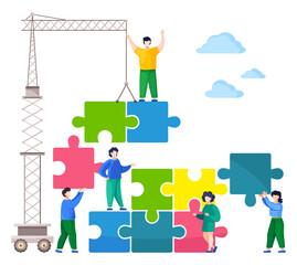 Team building concept, joint teamwork in the company. People working together with puzzle blocks. Workers build with a construction crane stack blocks. Joint work team support and business development