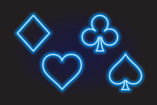 Blue Neon Line Card Suits for Poker and Casino on dark background vector illustration