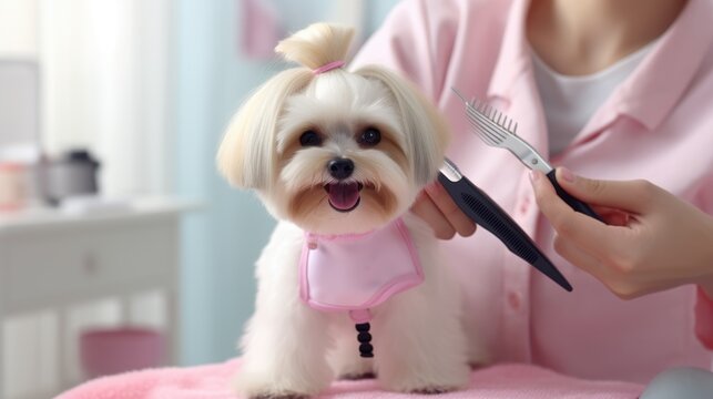 Professional groomer gives cute little dog trandy haircut at zoo salon. Dog grooming, care for your pet. Grooming training, close up view, ai generative image