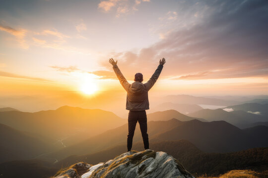 A man stands on top of a mountain and looks into the distance at sunset, concept image of success