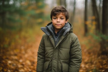 Editorial portrait photography of a glad kid male wearing a cozy winter coat against a forest background. With generative AI technology