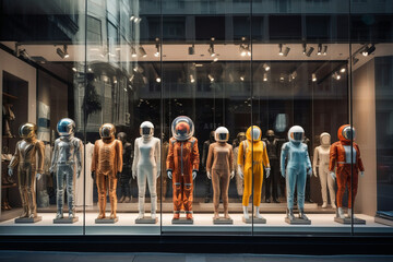 Futuristic suits on storefront. Spacesuits in store showcase. Cosmic suits in clothing store. Mannequins wearing spacesuits standing in shopfront in shopping mall