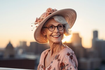 Lifestyle portrait photography of a glad mature woman wearing a stylish sun hat against a city skyline background. With generative AI technology