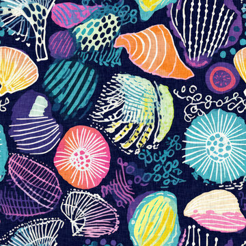  Seamless trendy underwater shell clam repeat background. Tropical modern seashell coastal pattern clash fabric coral reef print for summer beach textile designs with a linen cotton effect.