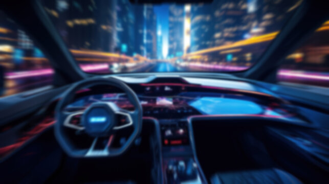 self-driving car with artificial intelligence running in New York city at night in the future. created with generative AI technology
