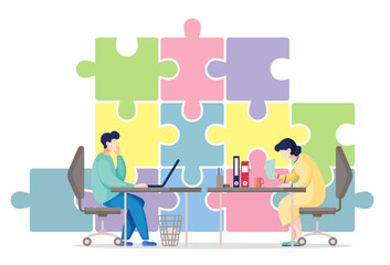 Vector flat illustration with huge puzzle. Businesspeople working in office sitting at table. Man look at laptop screen, woman looking through documents. Cartoon characters solve one business problem