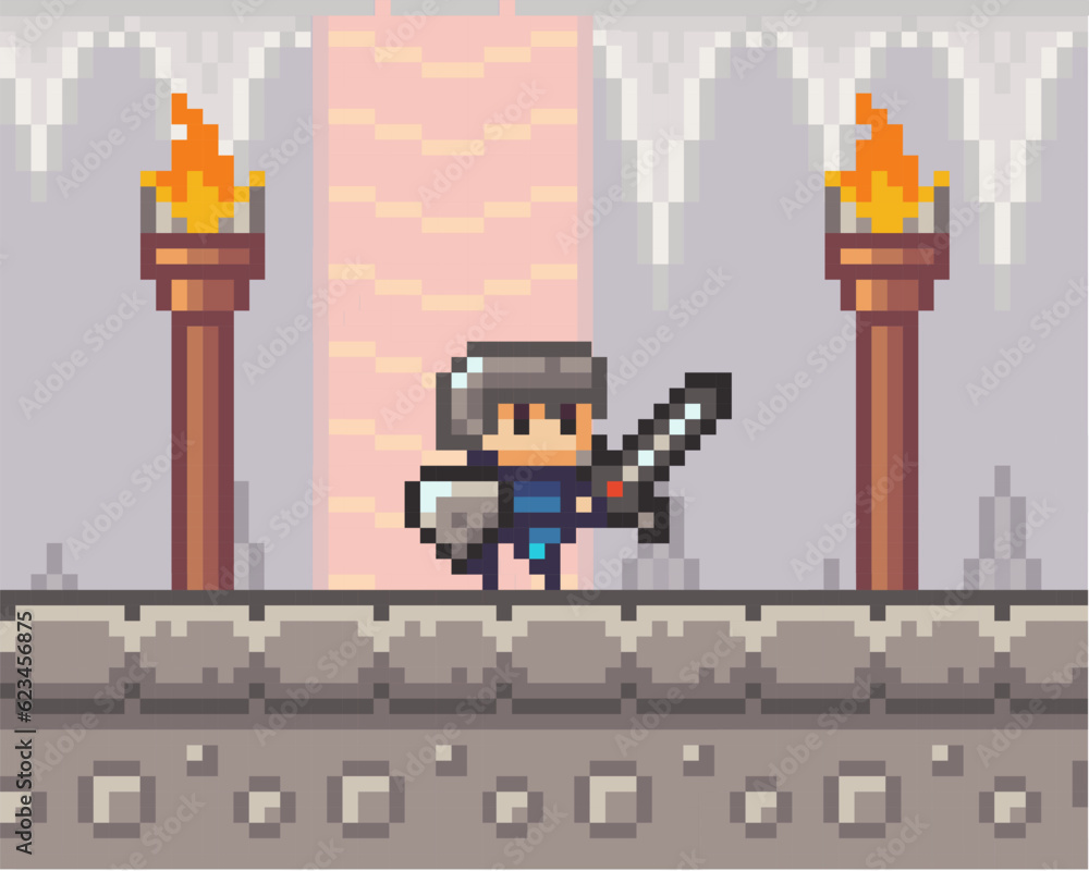 Poster pixel art style, character in game arcade play. man with sharp sword and shield going in the hallway