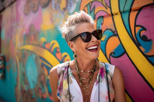 Environmental portrait photography of a grinning mature woman wearing a daring bikini and trendy sunglasses against a colorful graffiti wall background. With generative AI technology